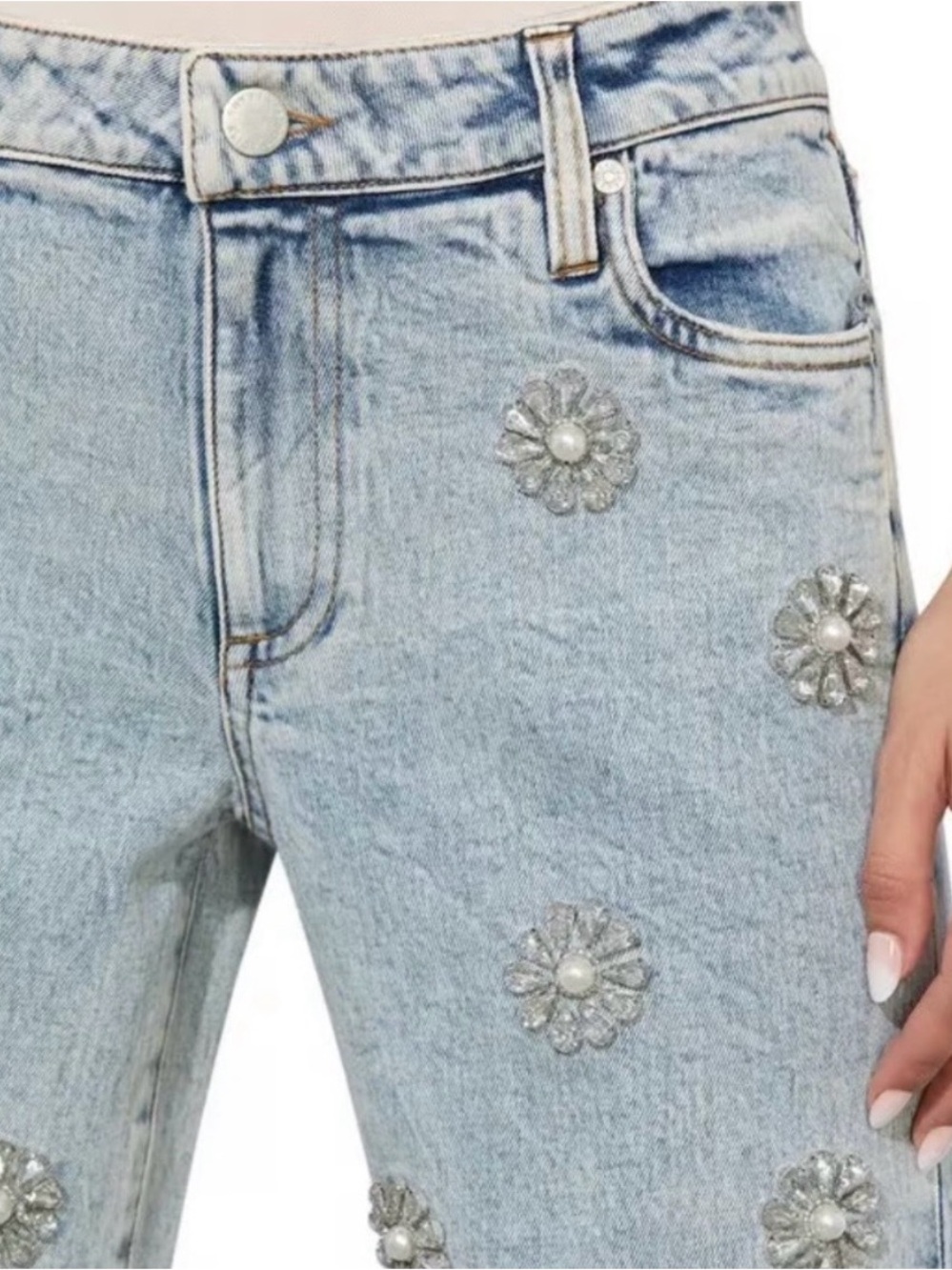 Alice + Olivia Roxie Crystal-Embellished Straight -Leg Jeans - Picture 3 of 7